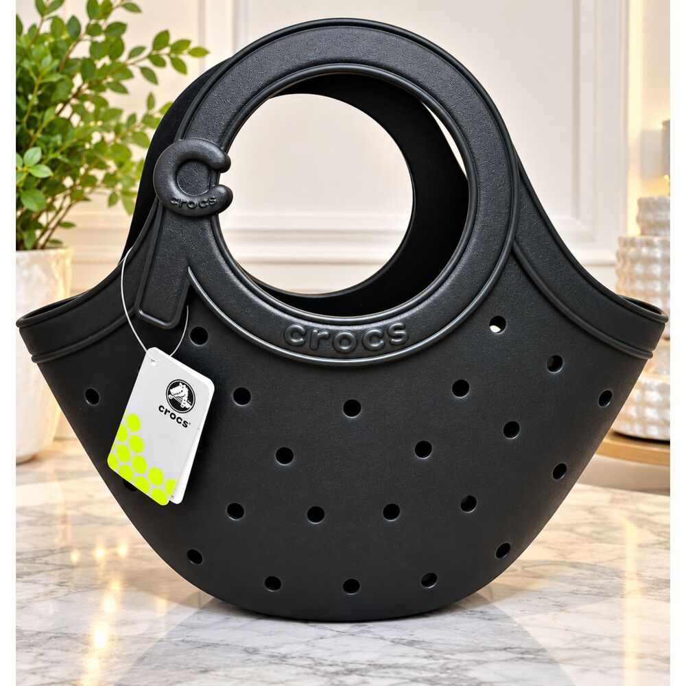 Crocs Medium Handle Tote Bag Black 214140-001 Perforated Beach Pool Handbag NWT